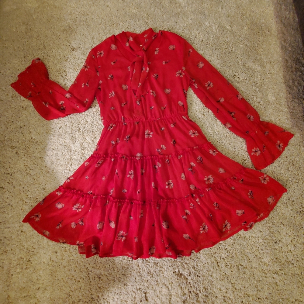 Red floral long sleeve dress